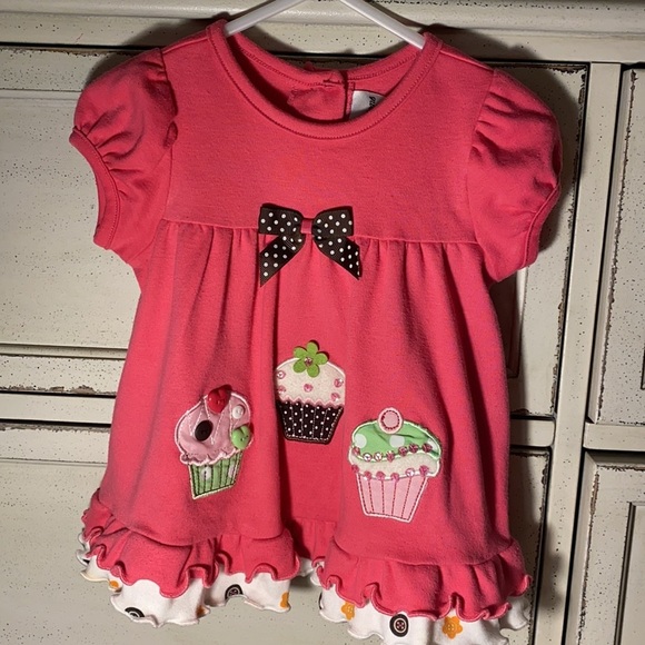Rare Editions cupcake ruffle bottom ribbon bow pink shortsleeve shirt size 12M​ - Picture 7 of 7